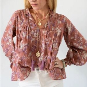 Marea Cala Rosado Floral Cotton Block Print Peasant Blouse Top Medium Boho Femme
